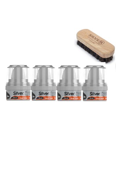 Silver Set of 4 shoe creams and horsehair cleaning brush, Silver, 200 ml, black