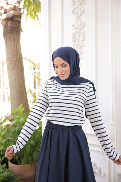 Bwest O Neck Horizontal Stripes Long Sleeve Short Slit Short Tunic - (38-46) - 71296 - Navy Blue