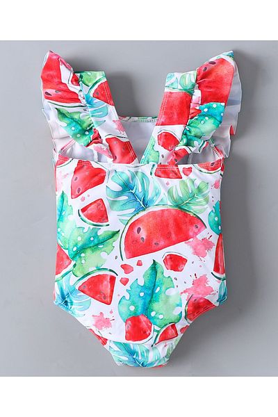 SAPS Watermelon Printed Sleeveless V Cut Swimsuit - Red/Green
