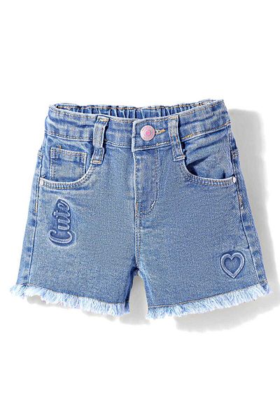 Babyhug Mid Thigh Washed Denim Shorts With Stretch & Text Print - Blue