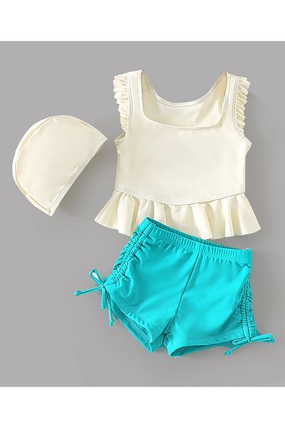 SAPS Solid Frilled Sleeveless Two Piece Swimsuit Set With Cap - Off White & Blue