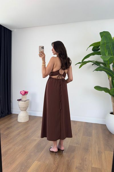 BİRCANÇİL Lendy Brown Rubber Back Detailed Lined Strap Dress