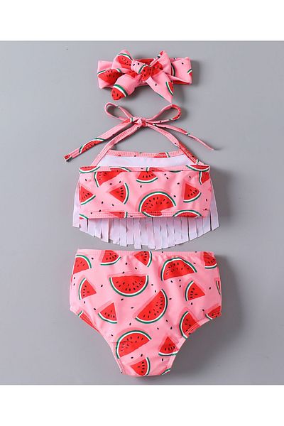 SAPS All Over Watermelon Printed Two Piece Swimsuit With Matching Headband - Pink/Red