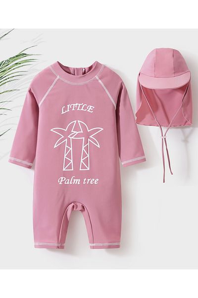 SAPS Palm Tree Printed Full Sleeves Quick Drying Legged Swimsuit with Swimming Cap - Pink