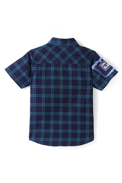 Pine kids Pine Kids Woven Half Sleeves Checkered Denim Shirt with Text Patch - Navy Blue