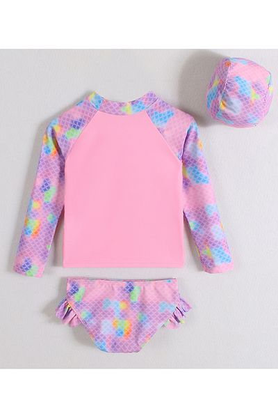 SAPS Mermaid Print Full Sleeves Two Piece Swimsuit - Pink & Purple