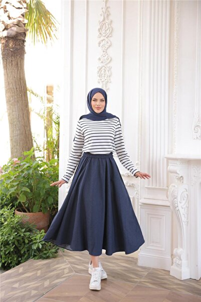 Bwest O Neck Horizontal Stripes Long Sleeve Short Slit Short Tunic - (38-46) - 71296 - Navy Blue