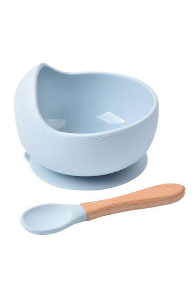 Choice1 طقم وعاء سيليكون أزرق مكون من قطعتين مع ملعقة، مناسب لإطعام الأطفال.