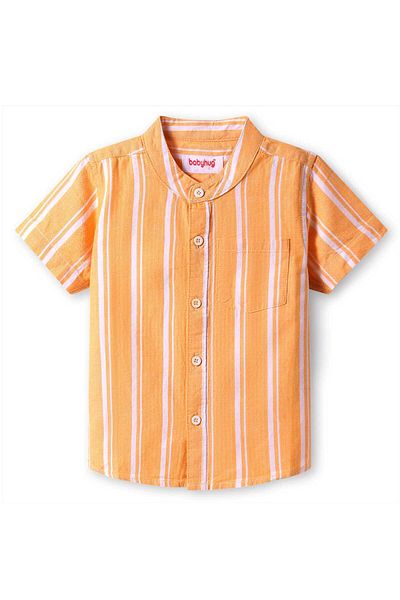 Babyhug Cotton Knit Half Sleeves Mandarin Collar Striped Shirt - Orange