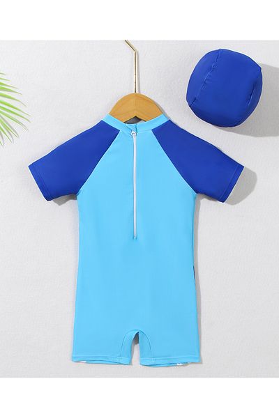 Babyhug Half Sleeves Legged Swimsuit with Cap & T-Rex Print - Blue