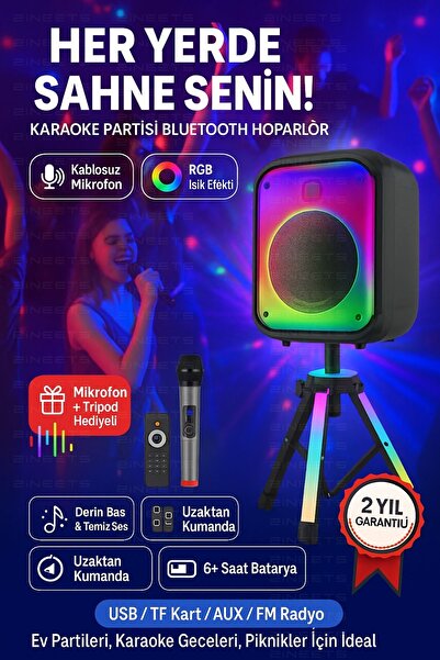 Zineets Işıklı Büyük Boy Party Box Bluetooth Hoparlör Tripodlu Şarjlı Ses Sistemi RADYOLU Karaoke Mic