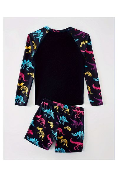 SAPS Dino Printed Full Sleeves Rashguard and Shorts Set - Black