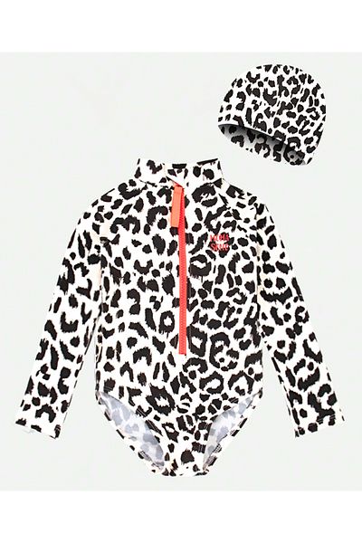 SAPS All Over Leopard Printed Full Sleeves V Cut Swimsuit With Cap - White/Black