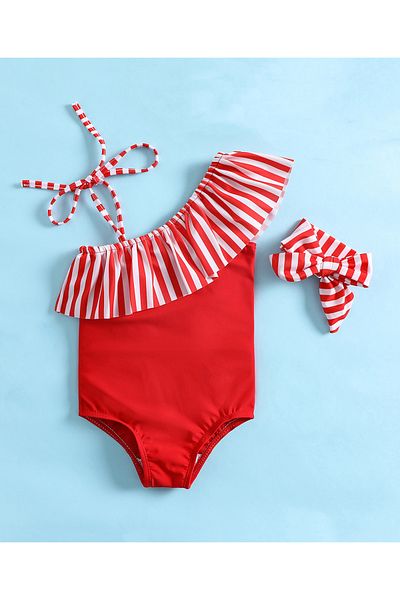 SAPS Striped and Sleeveless V Cut Swimsuit with Headband - Red