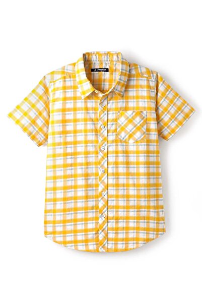 Pine kids قميص باين كيدز من القطن المنسوج بأكمام نصفية ومربعة - أصفر