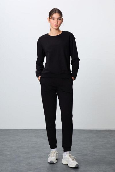 RAPAPA Black Compact Cotton Thick Smooth Textured O Neck Oversize Fit Women's Tracksuit Suit - 953