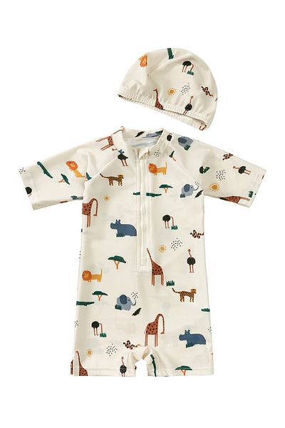 SAPS Animals Printed Legged Swimsuit with Cap - White