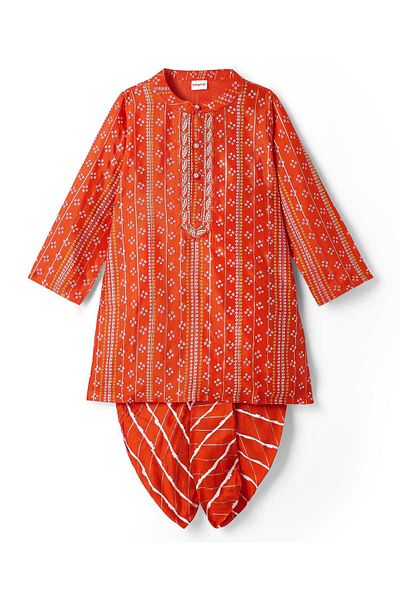 Babyhug Woven Full Sleeves Kurta Dhoti Set With Bandhani Print & Lace Detailing - Coral