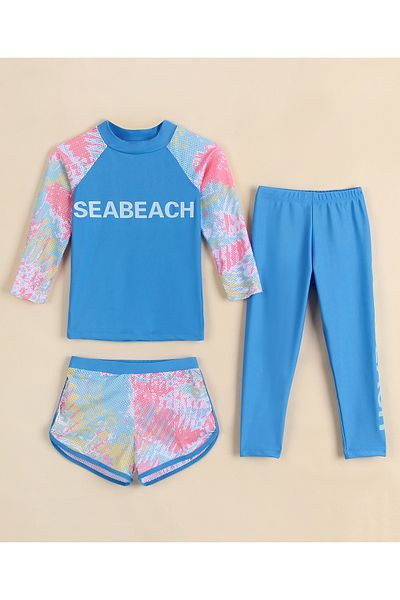 SAPS Sea Beach Print Full Sleeves Quick Drying Three Piece Swimsuit -Blue & Pink