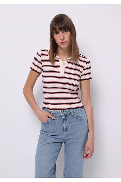 Colin's Tricou cu mânecă scurtă ecru pentru femei, cu guler polo, cu dungi
