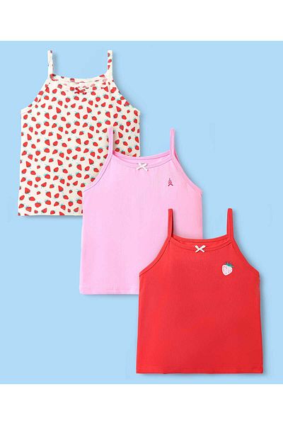 Pine kids طقم ملابس داخلية بدون أكمام من القطن والإيلاستين بطبعة الفراولة، عبوة من 3 قطع - أحمر/وردي/أبيض