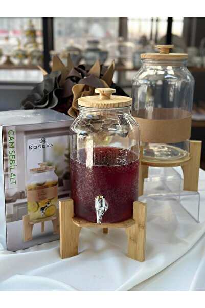 MD MİMOZA DEKOR Kosova Bambu Standlı Şerbet Limonata Cam Sebil 4 Lt (2'Lİ BAR...