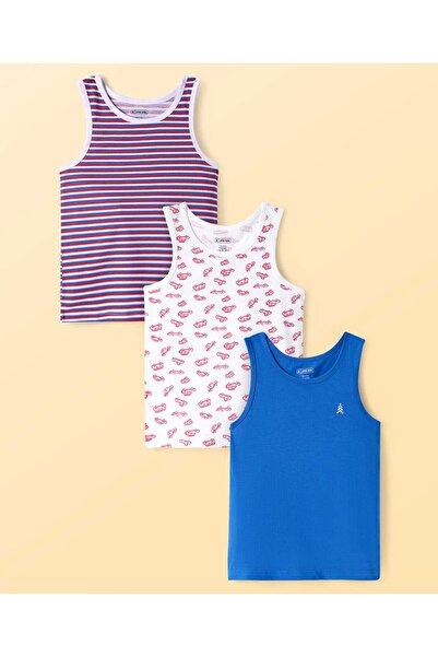 Pine kids Cotton Lycra Knit Sleeveless Vests with Stripes & Cars Print - Blue...