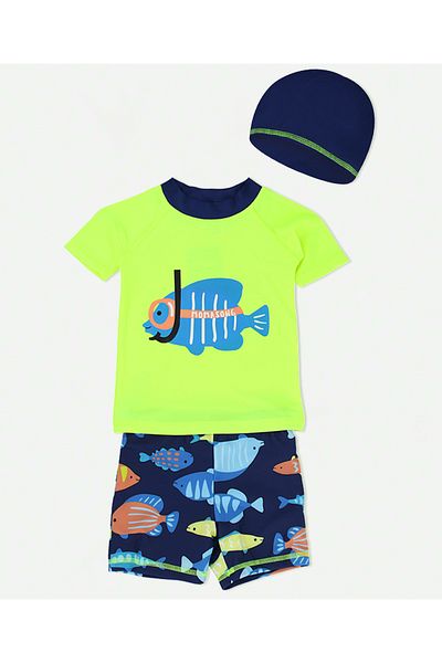 SAPS Fish Graphic Sun Top With Printed Swim Shorts and Cap - Green/Blue