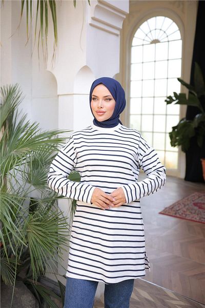 Bwest O Neck Horizontal Striped Long Sleeve Short Slit Tunic - (38-46) - 71295 - Navy Blue