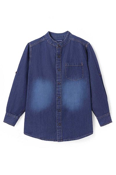 Pine kids Pine Kids Woven Full Sleeves Washed Mandarin Collar Denim Shirt - Navy Blue