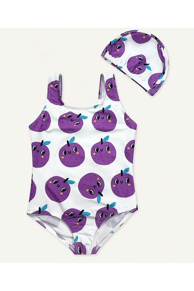 SAPS All Over Floral Printed Sleeveless V Cut Swimsuit with Cap - White/Purple