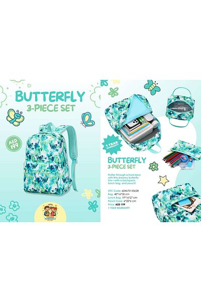esabela 3-Piece Backpack Set for Kids, Lightweight Water-proof, School Bag Green Butterfly