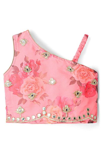 Babyhug Woven Sleeveless Choli Lehenga Set & Dupatta With Floral Embroidery & Lace Detailing - Pink