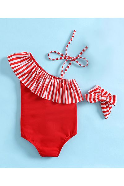 SAPS Striped and Sleeveless V Cut Swimsuit with Headband - Red