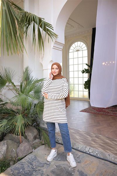 Bwest O Neck Horizontal Stripes Long Sleeve Short Slit Tunic - (38-46) - 71295 - Brown