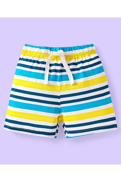 Babyhug Cotton Knit Mid Thigh Length Shorts with Stripes & Vehicle Print Pack of 3 - Blue & Yellow