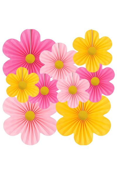 Choice زينة زهور ورقية وردية صفراء مكونة من 9 قطع ومراوح ورقية للحفلات وكرات ...