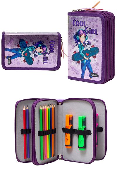 KAFF Purple Cool Girl Patterned Pvc Three Compartment Girl's Organizer Pen Holder Pencil Case -Cp7002