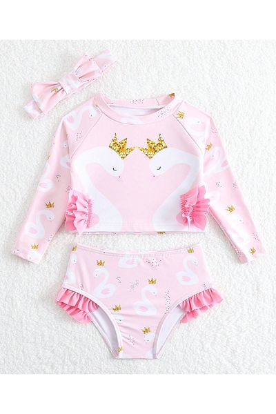 SAPS Swan Printed Two Piece Swimsuit With Matching Headband - Pink