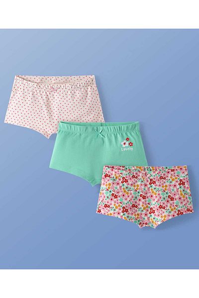 Pine kids Panties with Floral Print and Bow Applique (Pack of 3) - White, Green, & Pink