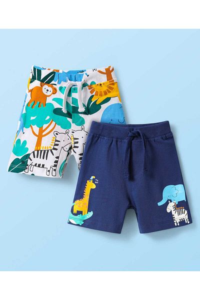 Babyhug Cotton Knit Mid Thigh Shorts with Animal Print Pack of 2 - Navy Blue & White