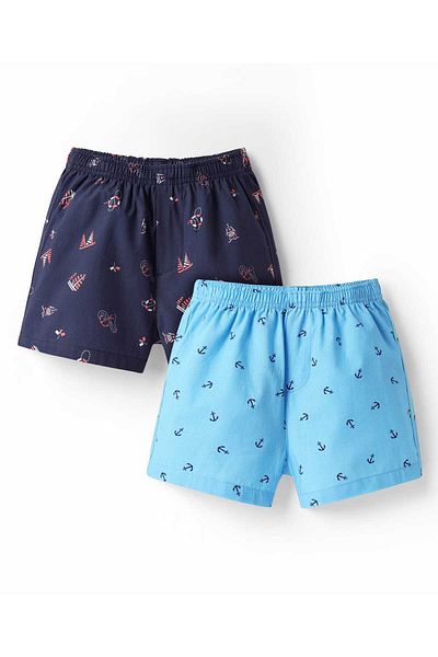 Pine kids بوكسر باين كيدز منسوج من القطن بطبعة مرساة، عبوة من قطعتين - أزرق فاتح/أزرق داكن