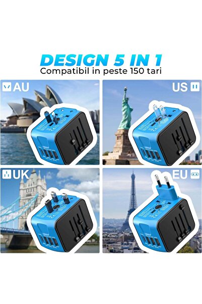 Timebox Universal travel charger adapter, 4 x USB, 1 x Type-C for US, UK, EU, Australia, Asia, Blue