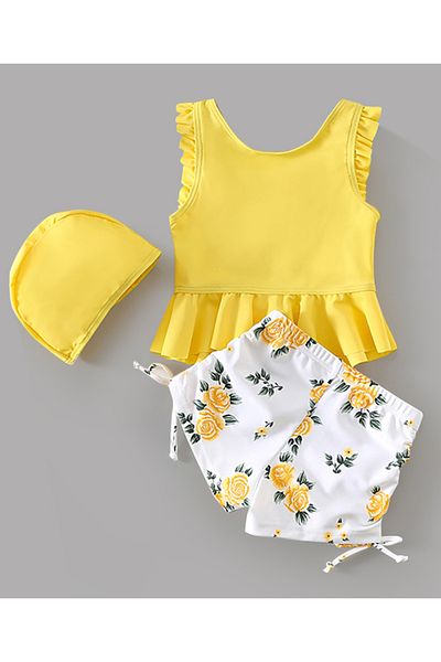 SAPS Quick Drying Floral Print Sleeveless Two Piece Swimsuit Swimming Cap - Yellow & White