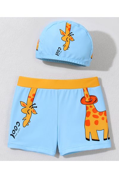 Babyhug Swimming Trunks with Cap Giraffe Print - Light Blue
