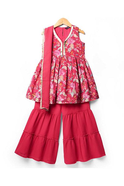 Pine kids Pine Kids Woven Sleeveless Churidar Salwar Set With Floral Print & Dupatta - Dark Pink