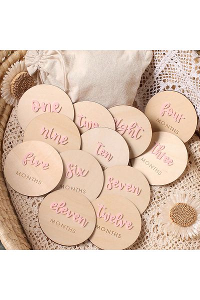 Choice Other 10X10cm Pink Ylsteed 12Pcs 1-12 Month Newborn Monthly Milestone Wooden Cards Dics Baby Keepsak