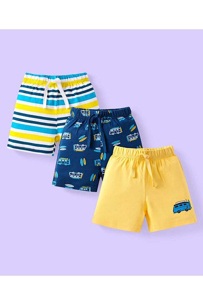 Babyhug Cotton Knit Mid Thigh Length Shorts with Stripes & Vehicle Print Pack of 3 - Blue & Yellow