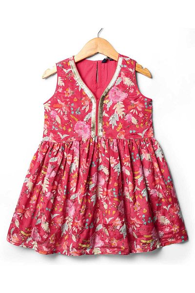 Pine kids Pine Kids Woven Sleeveless Churidar Salwar Set With Floral Print & Dupatta - Dark Pink