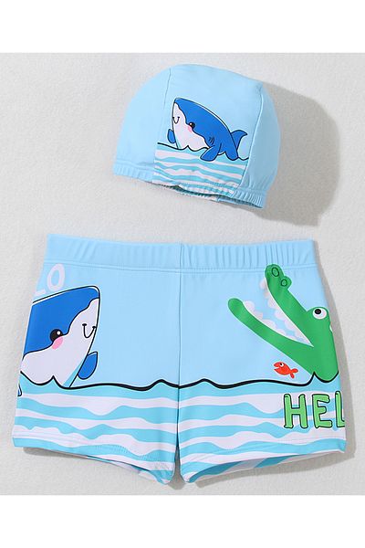 Babyhug Swimming Trunks & Cap Set with Crocodile & Shark Print - Light Blue